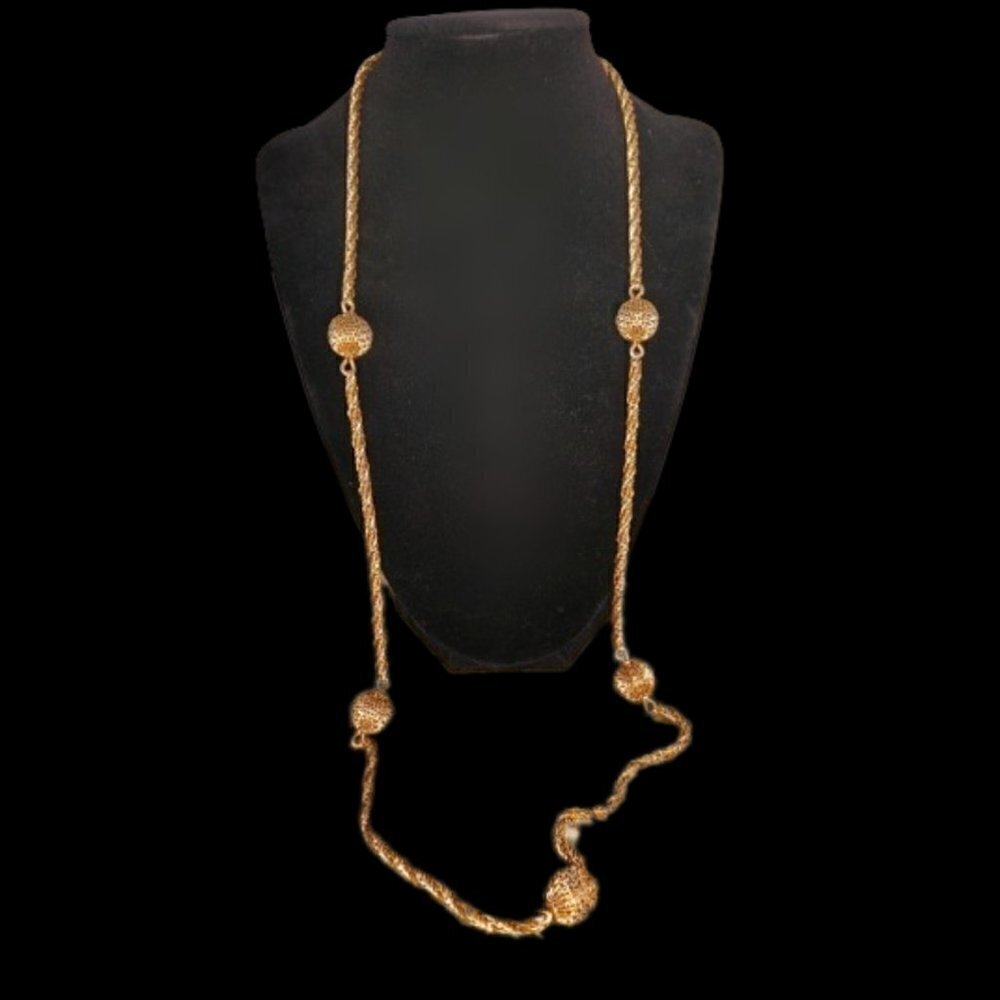 Gold Tone Rope Necklace Twisted Chain with Gold Tone Ball Spheres